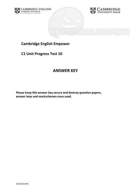 <b>Cambridge</b> <b>English</b> EmpowerCambridge <b>English</b> <b>Empower</b> B1+ <b>Unit</b> <b>Progress</b> <b>Test</b> <b>10</b>, Version BB1+ <b>Unit</b> <b>Progress</b> <b>Test</b> <b>10</b>, Version B <b>ANSWER</b> KEYANSWER <b>KEY</b> Please keep this <b>answer</b> <b>key</b> Please keep this <b>answer</b> <b>key</b> secure and destroy question papers,secure and destroy question papers, <b>answer</b> keys and markschemes once used keys and markschemes once used. . Cambridge english empower c1 unit progress test 10 answer key